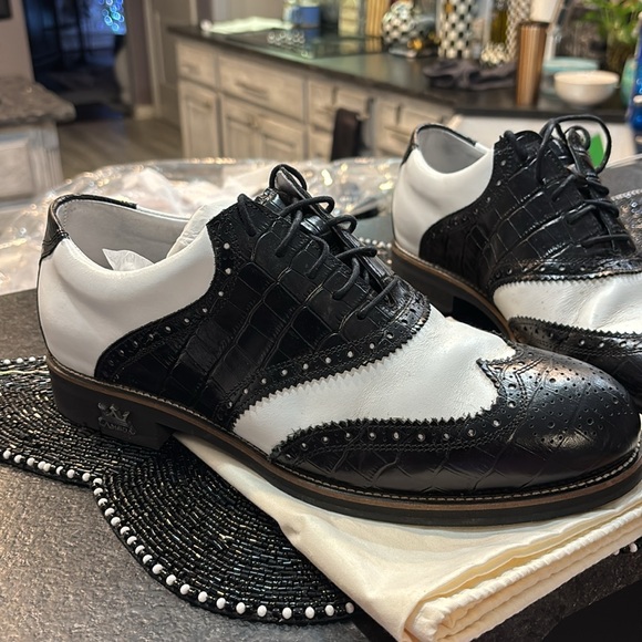 Lambda Black & White Croc Textured Genuine Leather Waterproof Golf Shoes. - Picture 3 of 8